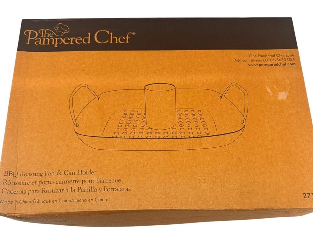 New PAMPERED CHEF BBQ ROASTING PAN AND CAN HOLDER # 2714 NIB NOS RETIRED